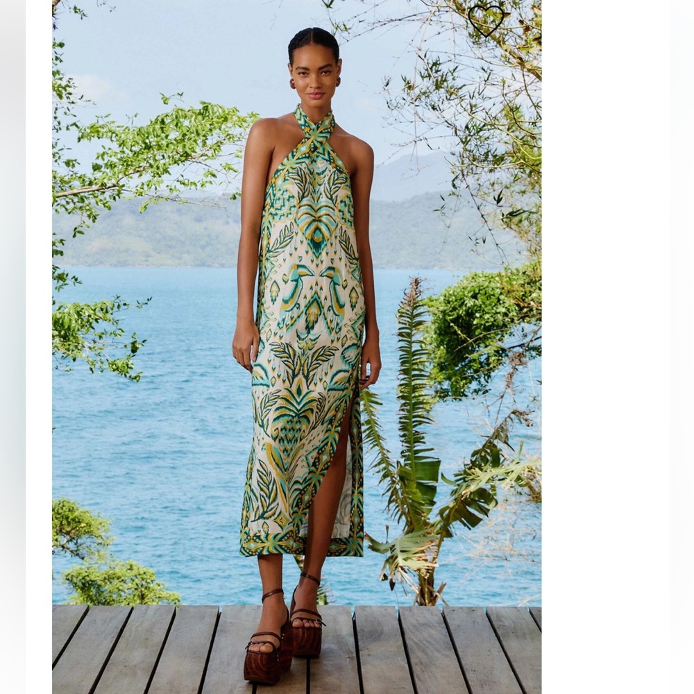 FARM RIO Tropical Tapestry Off-White Halter Neck Maxi Dress $248 MSRP Size L